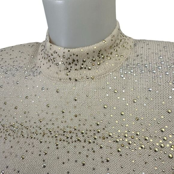 St. John Evening Embellished‎ Gold Silver Cream Mock Neck Sweater Size M Vintage - Picture 5 of 11